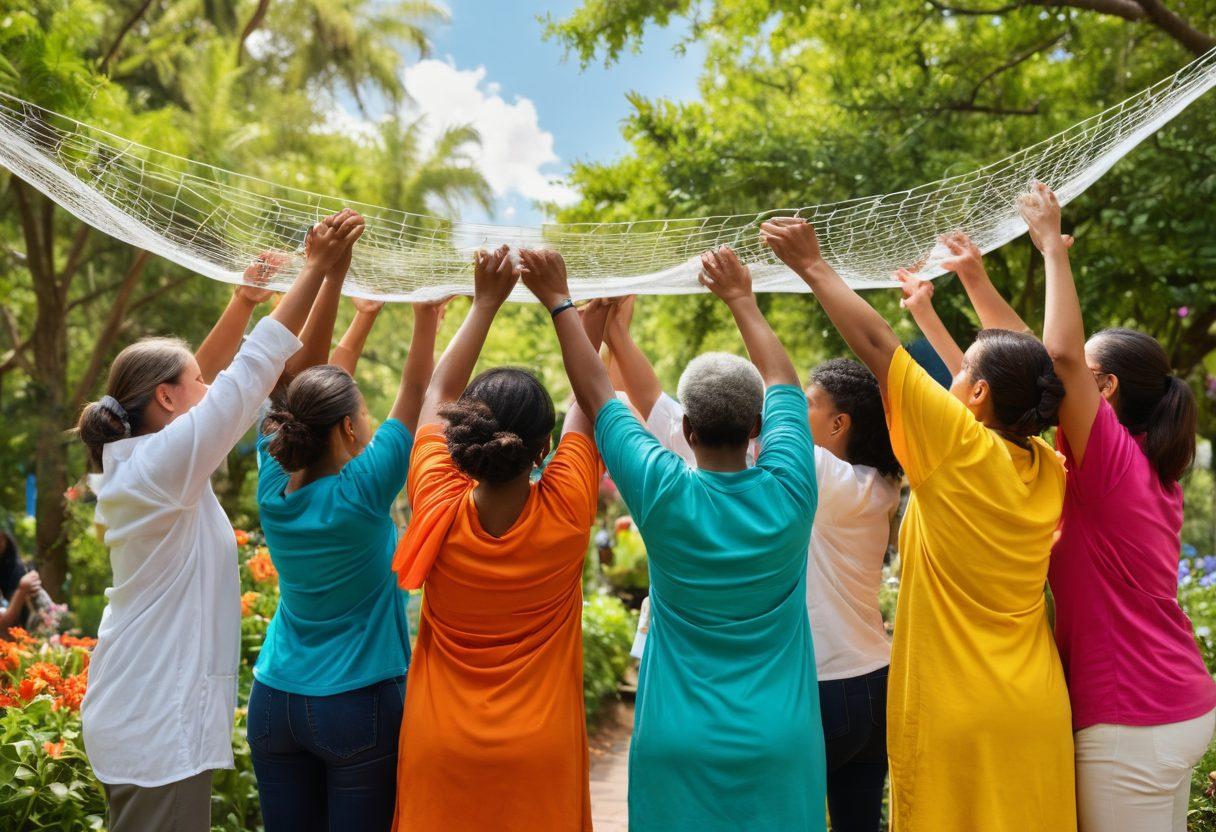 A warm, inviting community gathering scene with diverse people supporting each other, showcasing acts of kindness and teamwork. Visual elements like a safety net made of hands beneath them, symbolizing support and protection. Include a soothing background of nature, representing growth and security. Emphasize an atmosphere of togetherness and trust. vibrant colors. painting.