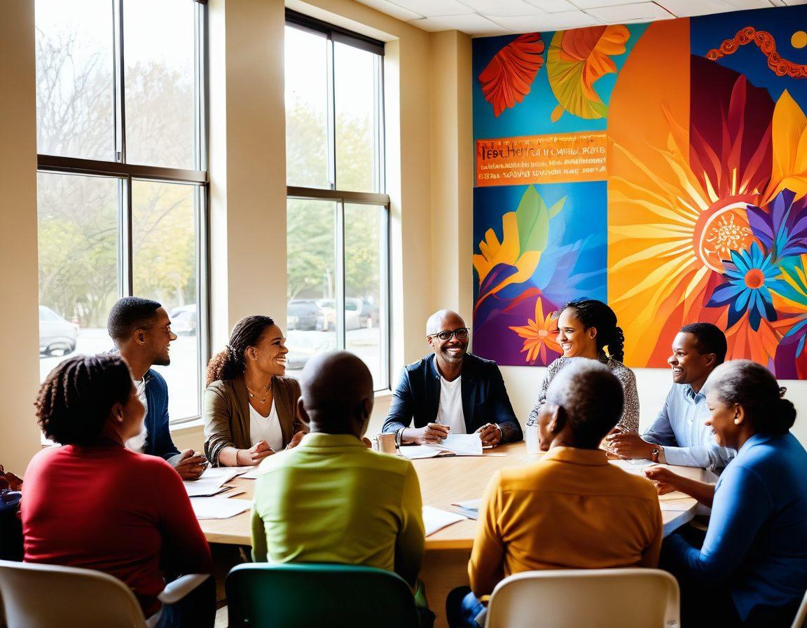 A diverse group of people from various backgrounds gathered in a warm community center, discussing insurance coverage and sharing personal experiences. Sunlight streams through large windows, illuminating a colorful mural about well-being and support. Some individuals are holding brochures about affordable insurance options, while others are smiling and engaging in conversation. The overall atmosphere is one of positivity and empowerment. vibrant colors. super-realistic.