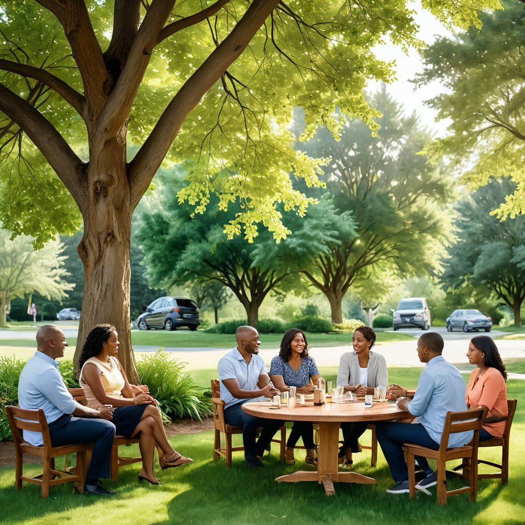 A serene landscape featuring a diverse group of people discussing insurance options in a community setting, with symbols of financial security like a shield, a trust handshake, and cascading coins around them. The scene is warm and inviting, reflecting compassion and clarity in financial discussions. Soft sunlight filtering through trees gives an uplifting feel. watercolor style. vibrant colors.